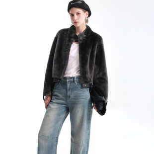 UJ/南非进口拉贡LACON 小羊羔毛女冬季真皮毛一体V领短款外套