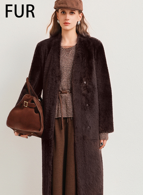 UJ/西班牙进口皮毛一体女外套长款翻领长袖2025冬季保暖大衣松驰