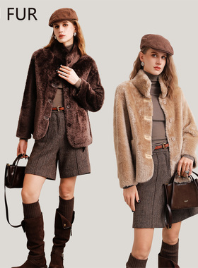 UJ/进口拉贡皮毛一体外套 女短款2025新款立领羊皮草大衣冬季