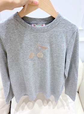 春季新款女童刺绣樱桃纯棉打底长袖T恤中大童套头圆领灰色纯棉T恤
