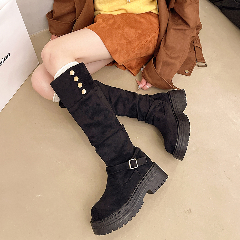 韩版长筒骑士靴女2025冬季新款时尚皮带扣厚底堆堆靴小个子瘦瘦靴