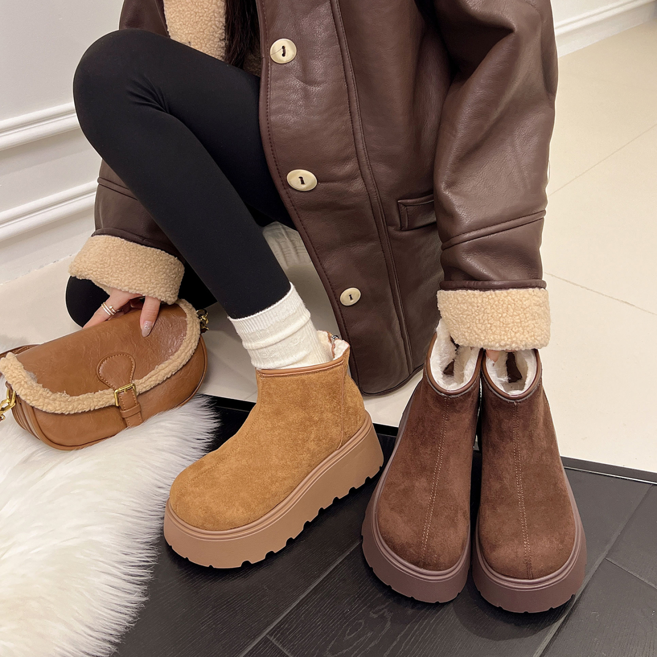 厚底增高勃肯短靴女加绒保暖小个子时尚休闲鞋2025冬季新款棉靴子