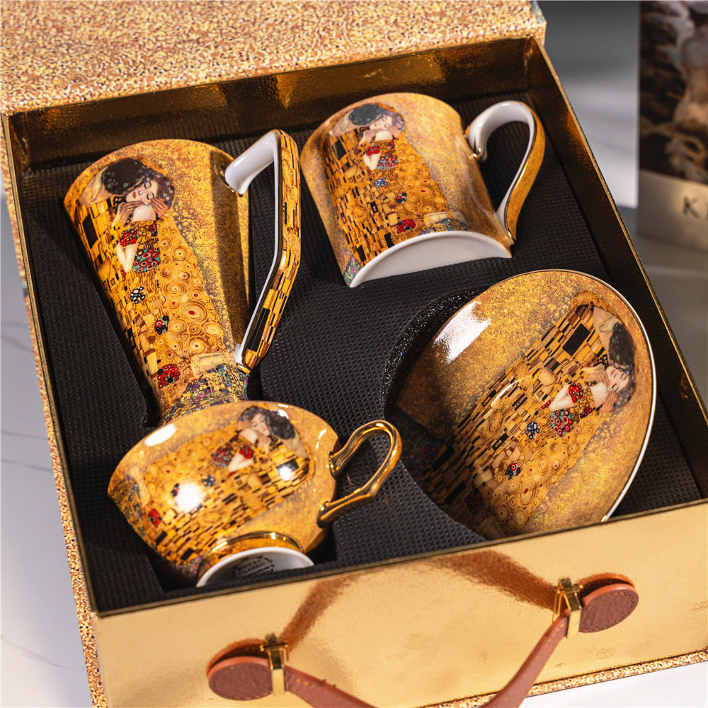 高档欧式轻奢情侣kiss骨瓷咖啡水杯杯碟马克杯果汁奶茶杯对杯礼盒