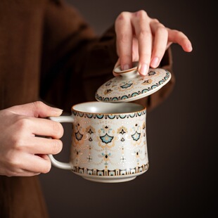 高档汝窑敦煌水杯家用陶瓷带盖子马克杯办公室个人专用喝茶杯高档