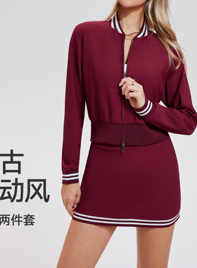 撞色休闲运动套装女夏学院风新款时尚跑步瑜伽棒球服网球裙两件套