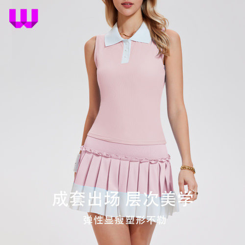 网球高尔夫套装无袖POLO翻领背心高级感运动速干高腰百褶裙两件套