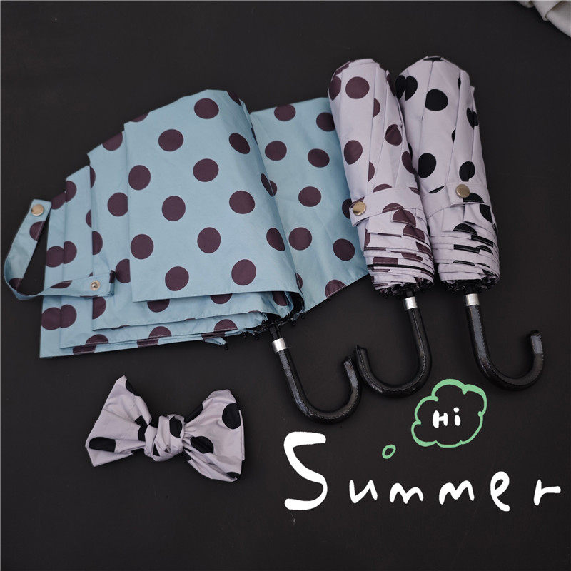 复古港风圆点太阳伞皮质小弯钩便携折叠黑胶防晒遮阳折叠晴雨伞女