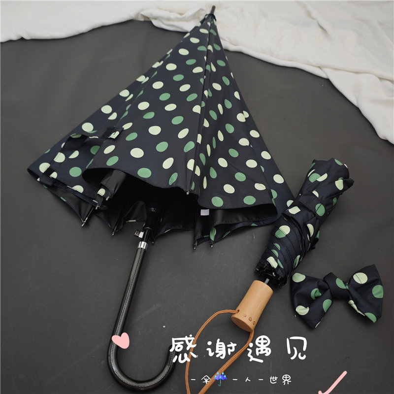 复古波点黑胶抗风长柄折叠晴雨伞