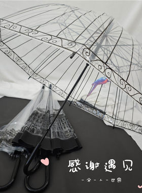 英伦建筑花边鸟笼拱形透明长柄伞