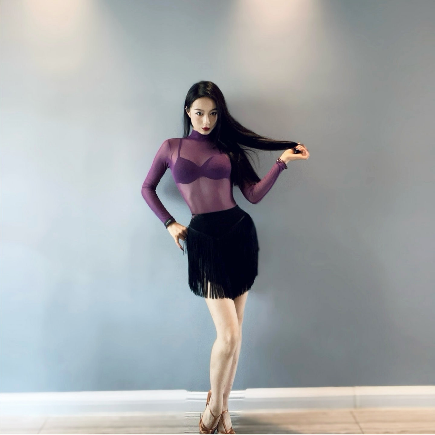 拉丁古典舞蹈网纱连体衣女成人长袖训练功形体操服性感透视上衣T