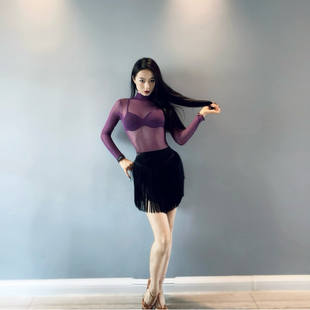 拉丁古典舞蹈网纱连体衣女成人长袖训练功形体操服性感透视上衣T
