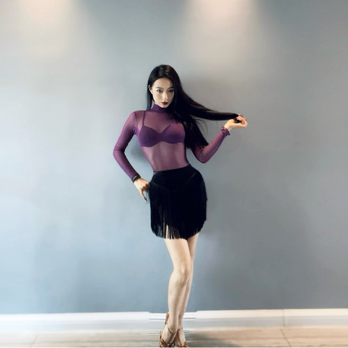 拉丁舞服网纱长袖连体上衣女成人