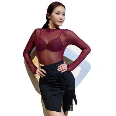 拉丁舞网纱透视连体衣女成人长袖
