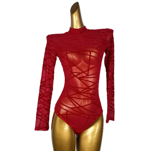 拉丁舞网纱植绒连体衣女成人长袖舞蹈练功服中国红色舞台表演上衣