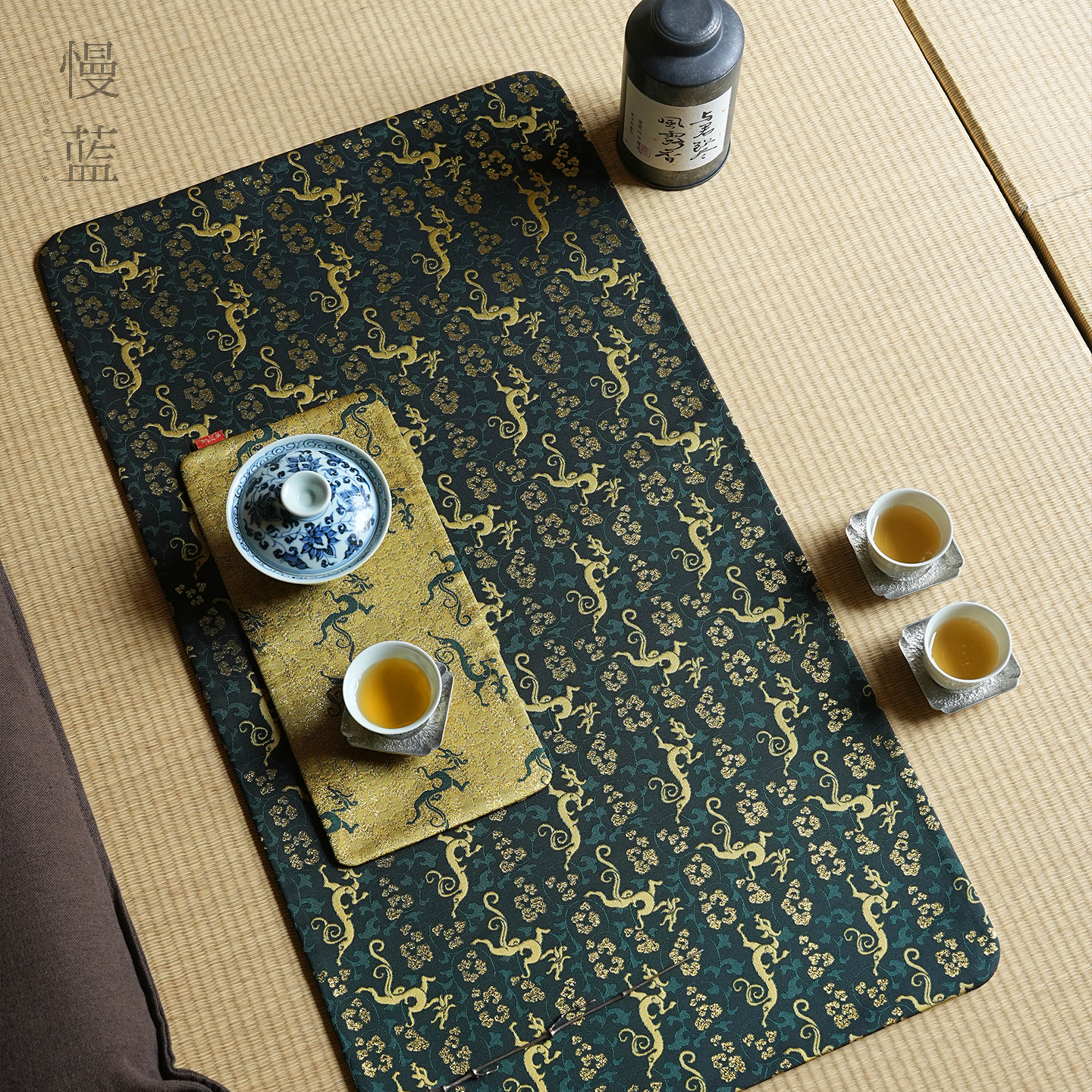 慢蓝茶席真丝织锦国风茶桌垫