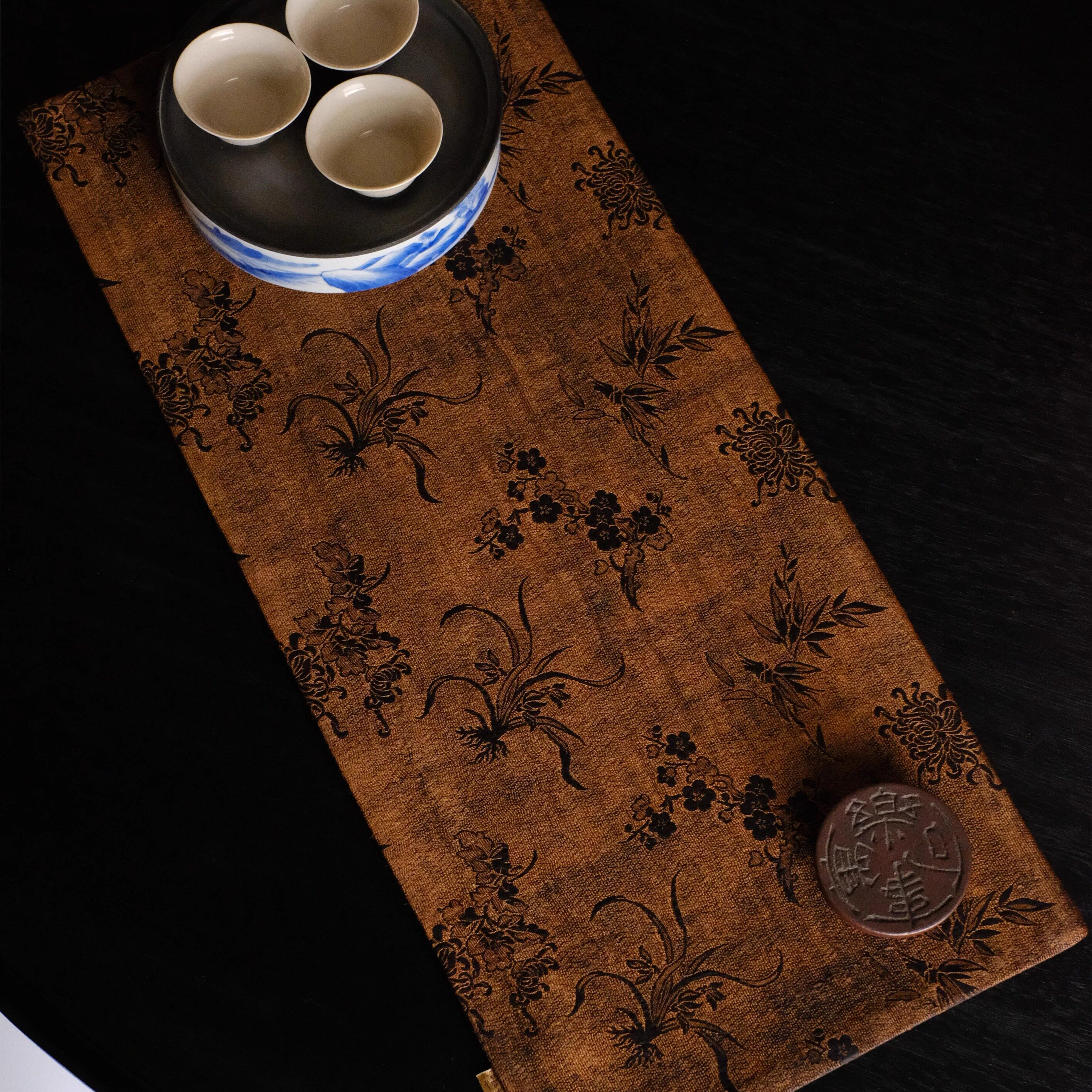 慢蓝 | 香云纱茶席红云纱提花双面印花茶垫子国风布艺桌旗50*22CM