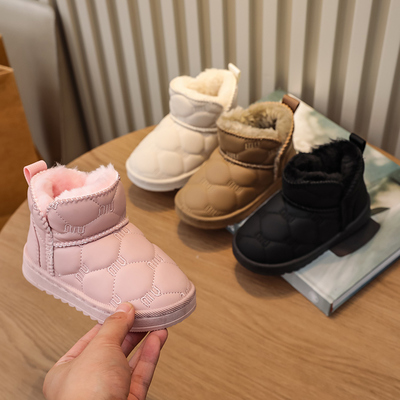 2025秋冬新款女童加绒加厚皮面雪地靴儿童棉靴防水防滑儿童冬天鞋