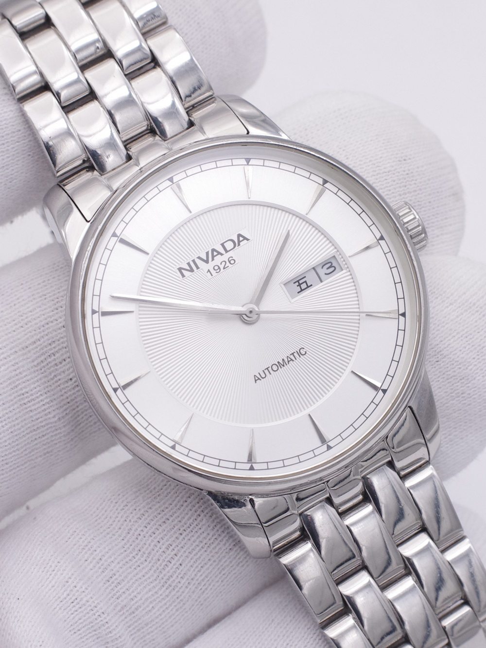 二手瑞士原装正品老nivada尼维达白色大表盘全自动机械男古董手表