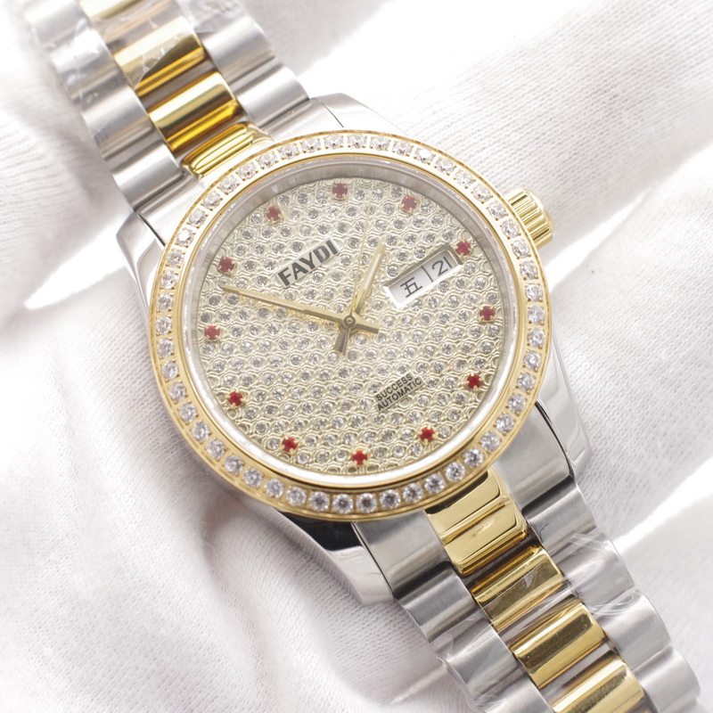 库存瑞士原装正品飞迪faydi镀金满天星满钻全自动机械男古董手表