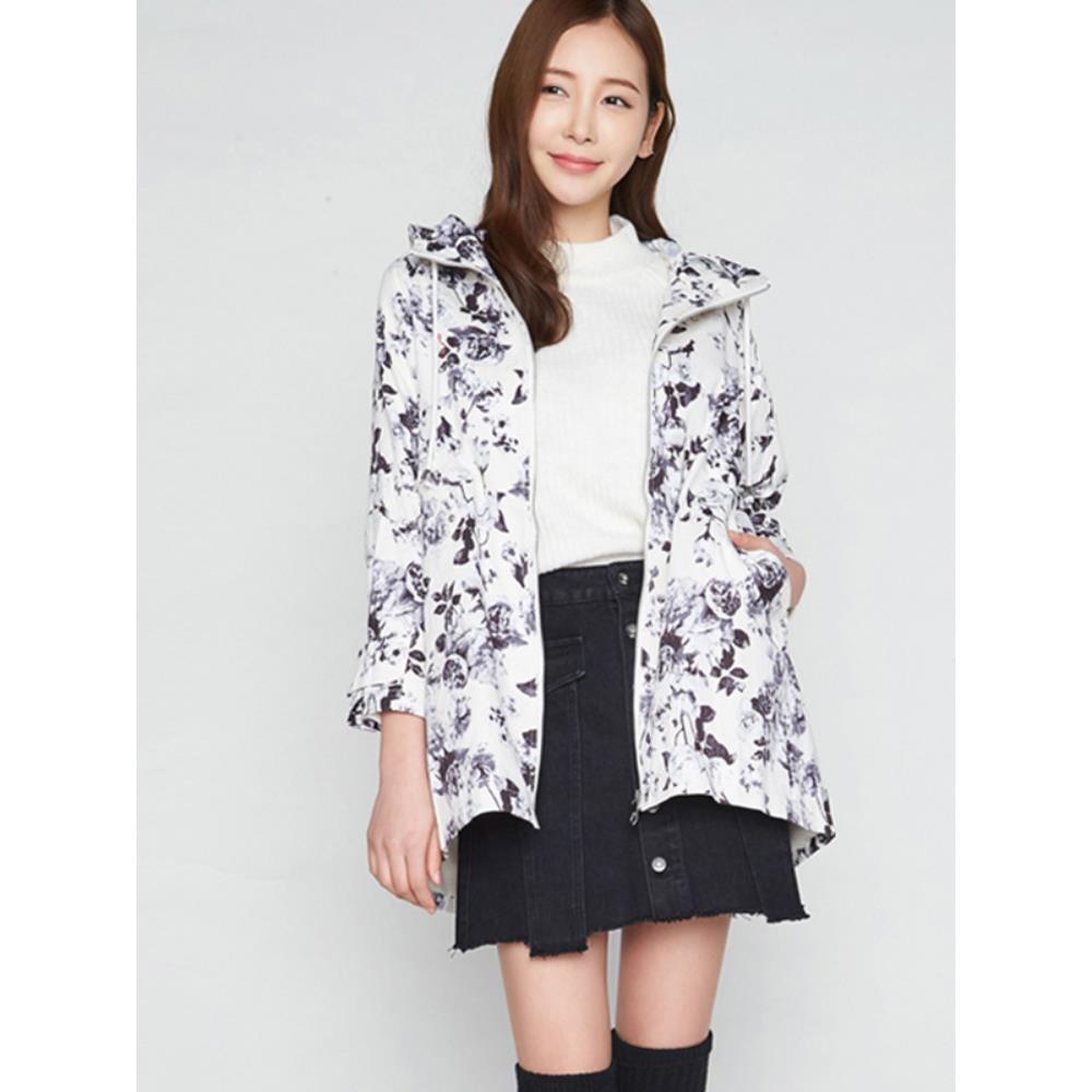 艾格女装连帽风衣2025秋季女新品潮流显瘦拉链水墨印花休闲Y1083