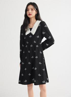 秋水伊人2025年春文艺刺绣翻领娃娃裙秋连衣裙棉质长袖裙子女V481