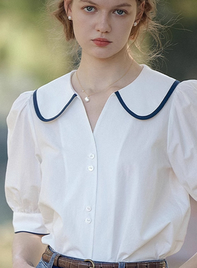 艾格24年夏季女装法式v字领泡泡袖上衣气质白色短袖衬衫1EX2038