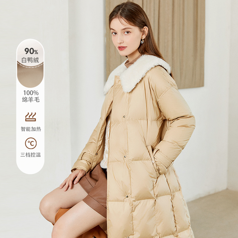 秋水伊人羽绒服黄色毛领外套