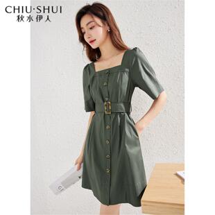 秋水伊人方领收腰洋装女2025夏新款轻熟风通勤中长版裙V716