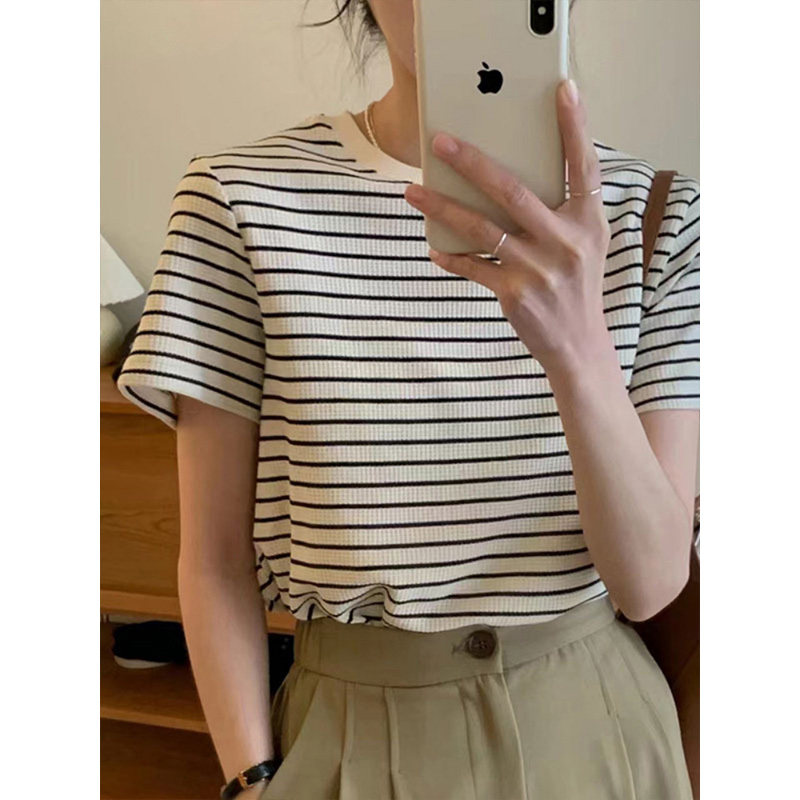【艾格】条纹短袖t恤女ins潮宽松慵懒风上衣百搭体恤春夏打底衫