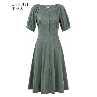 秋水伊人2025年夏季新款纯色高腰连衣裙V领轻熟风收腰裙子V719