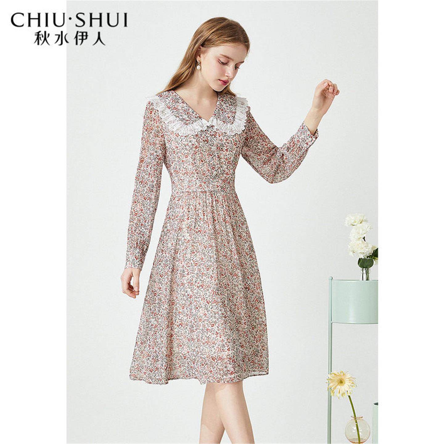 秋水伊人2025春季新款甜美碎花气质亮丝长袖翻领雪纺洋装女V824,女装/女士精品,连衣裙,淘宝优惠券,粉丝福利购,淘宝优惠卷