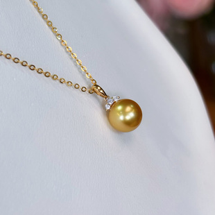 18K金睫毛款 金羽 9mm正圆天然浓金南洋海水金珠吊坠 浅小屋