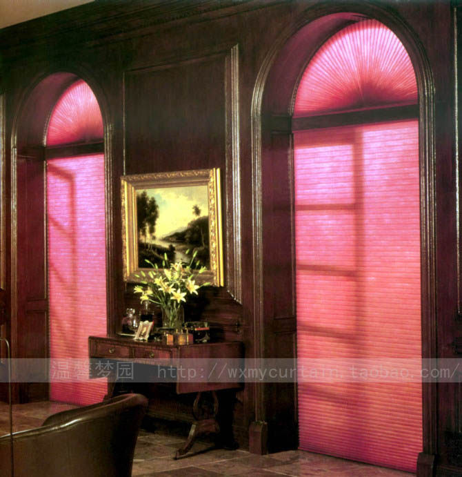 昱龙窗饰 半遮光扇形风琴帘 透光 蜂巢帘 隔音 别墅拱形窗帘