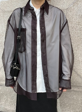 AUDREYWANG时髦双层叠穿设计感半透网纱长袖宽松廓形衬衫上衣24秋