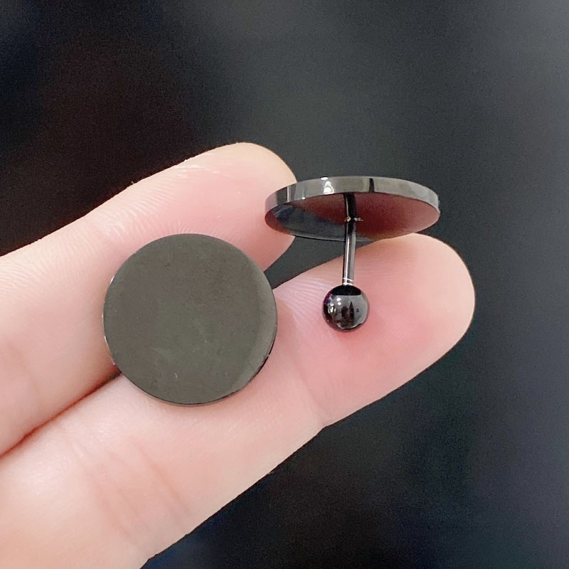 钛钢18mm单面圆形哑铃耳钉耳垂钉潮男黑色耳环耳坠欧美流行耳扣男