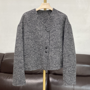 短款V领羊毛呢子外套小个子洋气宽松百搭双面羊绒大衣2025秋冬装