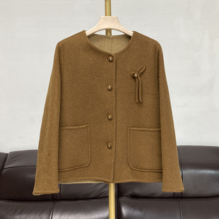 圆领AB双面羊绒大衣女短款小个子气质宽松百搭羊毛呢子外套秋冬装
