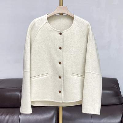 双面羊绒大衣女短款圆领羊毛呢子