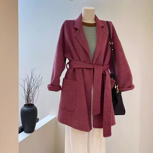 高端双面羊绒大衣女短款系带短款宽松羊毛呢子外套韩系秋冬厚外套