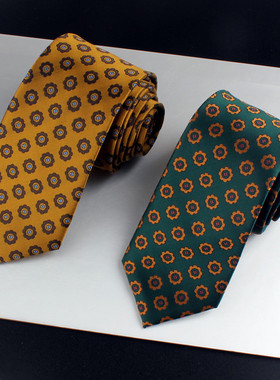 手打领带男7CM正装墨绿色姜黄色花纹英伦绅士百搭职场办公领呔