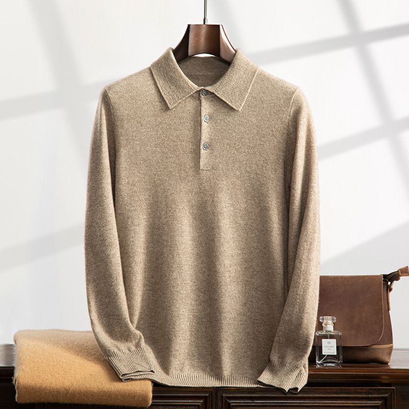 新款男士纯色羊绒衫秋冬针织衫毛衣休闲翻领保暖打底长袖羊毛衫