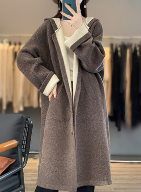 高奢重工双面羊绒开衫女连帽中长款宽松慵懒毛衣外套羊毛针织大衣