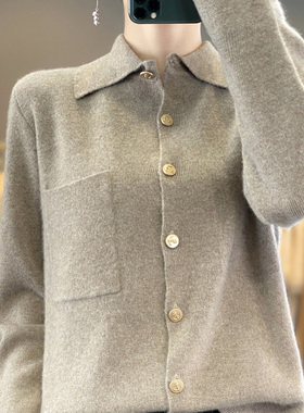 100%纯羊毛针织衬衫女外套POLO领打底衫羊绒毛衣开衫气质翻领外搭