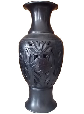 家居摆件龙山黑陶-河北特产-手工艺品-馆陶黑陶-镂空莲花如意瓶