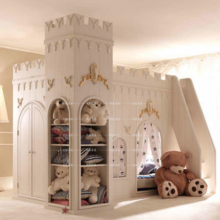 高端轻奢欧式 儿童床 多功能实木可移动男孩衣柜床组合女童原木法式