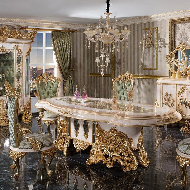 欧式手工雕花原木框架手绘餐桌法式奢华型宫廷艺术贵族长方形饭台