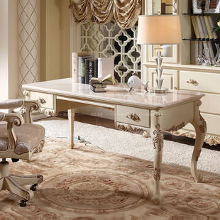 高端定制别墅奢华欧式 白色写字台公主书房电脑桌 实木雕花书桌法式