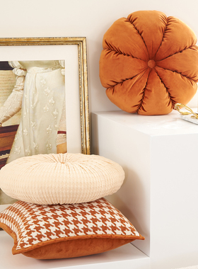 千鸟格橙色抱枕沙发客厅飘窗太阳花朵靠背坐椅垫车用圆形南瓜靠枕