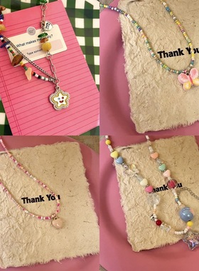 串珠彩色多巴胺童趣撞色星星糖果甜美粉色春夏项链锁骨链项圈吊坠