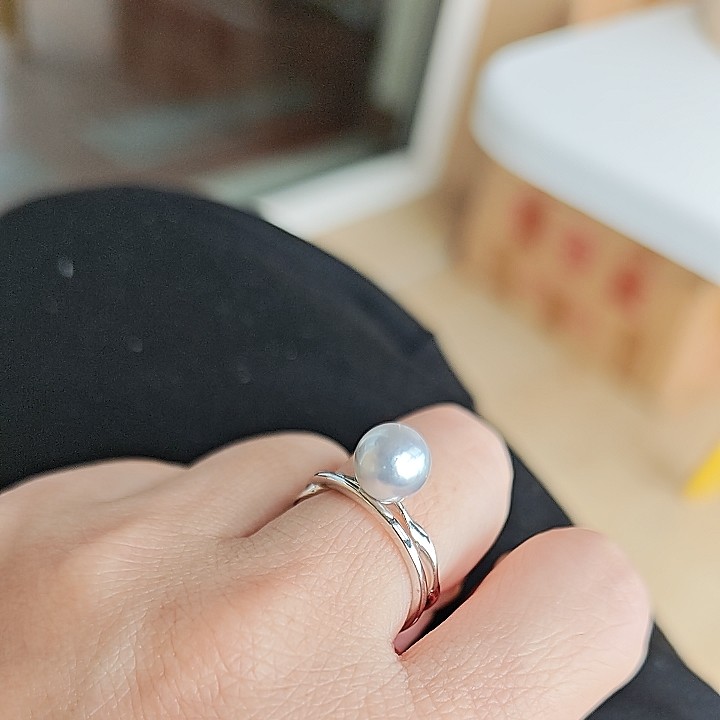 X 天然海水akoya灰珠真多麻珍珠戒指（点位8.0银配特价不退换）